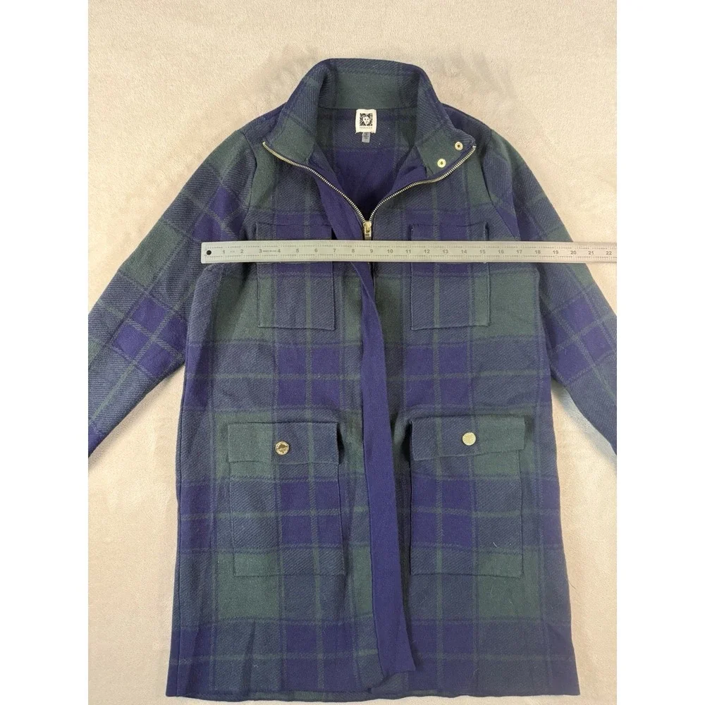 Anne Klein Plaid Sweater Jacket Womens Medium Blue Green Tartan Zip Up Mock Neck